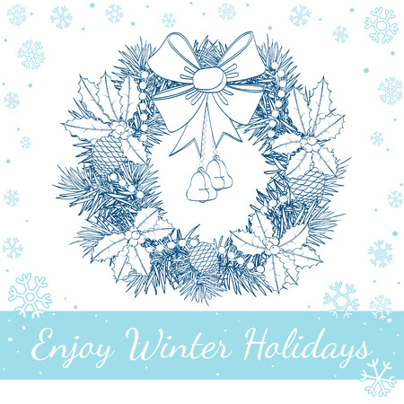 Christmas wreath decorated with red bow, bells, holly, pine cones isolated on white background. Vector hand drawn line art illustrationのイラスト素材