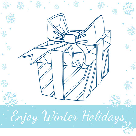 Gift box with ribbon and bow isolated on white background. Vector hand drawn line art illustrationのイラスト素材