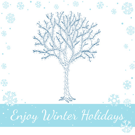 Glowing outdoor tree decorated with garland light. Isolated on white background. Vector hand drawn line art illustrationのイラスト素材