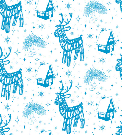 Glowing Christmas deer with house and pine branch. Vector hand drawn seamless patternのイラスト素材