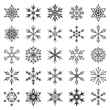 Snowflake icon collection isolated on white background. Winter symbols. Christmas decorative elements. New year card ornament. Snowflakes silhouette. Geometric snowflakes set. Vector illustrationのイラスト素材