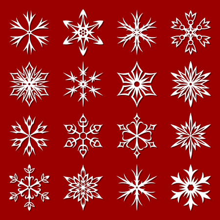 White snowflake icon collection with shadow on red background. Winter symbols. Christmas decorative elements. New year card ornament. Snowflakes silhouette. Geometric snowflakes vector setのイラスト素材