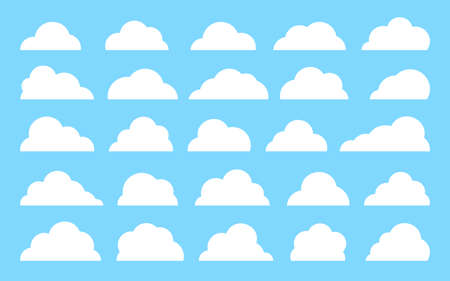 White cute flat clouds set isolated on blue landscape background. Abstract different cloud shapes...