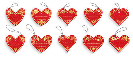 Heart shape price red label set. Floral gold pattern hang paper tag design. Vintage luxury flower frame for wedding invitation card, market sale discount coupon, shop retail badge empty retro stickerのイラスト素材