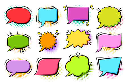 Retro sketch speech bubble icon set. Cartoon pop art bubbles on color halftone background. Boom, burst, wow effect empty frame. Vector design fun comic page dialog text message balloon template shapesのイラスト素材
