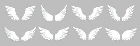 Angel wing flat set. Different shapes freedom heraldic symbol. Open white flying bird wings