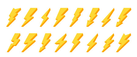 Lightning bolt symbol set. Thunderstorm strike arrow, energy danger shock, electric fuel power signのイラスト素材
