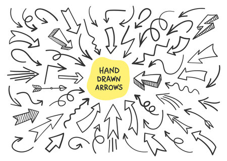 Arrows hand drawn doodle line set. Different shape curve cursor direction symbol sketch pointerのイラスト素材