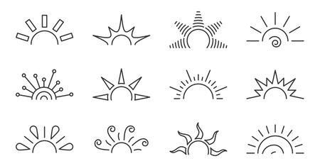 Half sun line icon set. Sunrise sunset logotype isolated on white Various shape sunshine star. Cartoon summer sunlight nature sky. Simple graphic solar circle sign. Sunny heat rays weather app symbolのイラスト素材