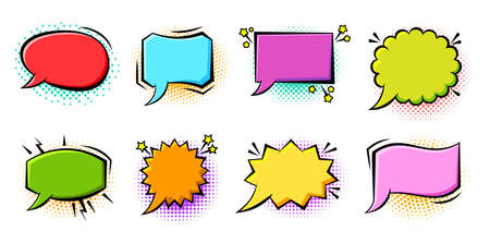Cartoon pop art bubbles on color halftone background. Retro sketch speech bubble icon set. Fun comic page dialog text message balloon template shapes. Boom, burst, wow effect empty frameのイラスト素材