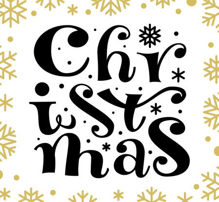 Christmas hand drawn brush lettering. Winter holiday creative typography greeting card banner poster print template. Xmas white background with black ink pen script calligraphy, golden snowflakesのイラスト素材