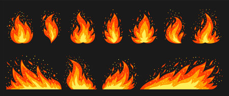 Cartoon campfire flat icon set. Red hot flame with sparks on black background. Bright fiery yellow heat flames wildfire and bonfire, burn power silhouettes. Various shape blazing fire emoticonのイラスト素材