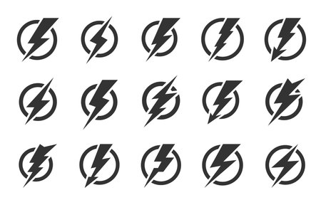 Thunderbolt in the circle icon set. Storm climate weather sign. Dander energy power charge symbol. Thundershock zigzag arrow. Lightning bolt flash. Thunder strike electricity black round pictogramのイラスト素材