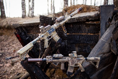 Assault rifles, painted in sand color.の写真素材