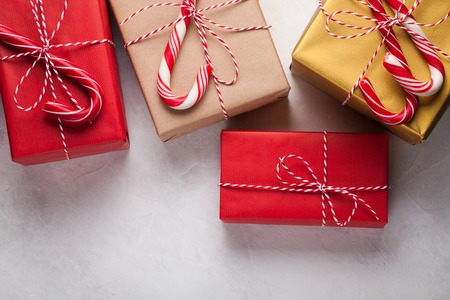 art Christmas holidays composition on white wooden background with Christmas tree decoration. Top view.の写真素材