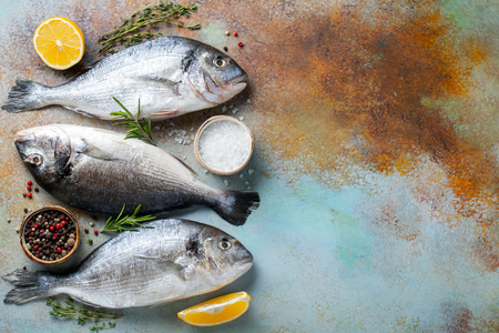 Three fresh raw Dorado fish with spices and olive oil on a blue rusty table. Top view with copy. Flat lay.の写真素材