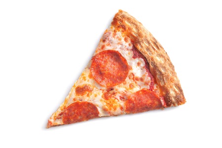 Slice of fresh italian classic original Pepperoni Pizza isolated on white background. Top view.