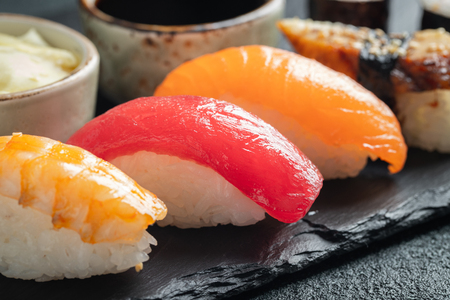 Close-up of sushi set of salmon, tuna and smoked eel.の写真素材
