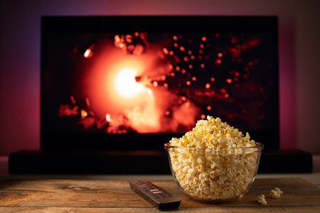 A glass bowl of popcorn and remote control in the background the TV works. Evening cozy watching a movie or TV series at homeの写真素材