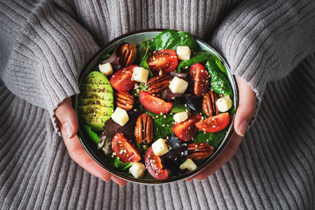 Healthy homemade salad with tomatoes, cheese cubes, pecans, avocado, spinach and arugula. Green vegetarian meal in a bowl in the girl's hands on a dark background. The concept of healthy eating.の写真素材