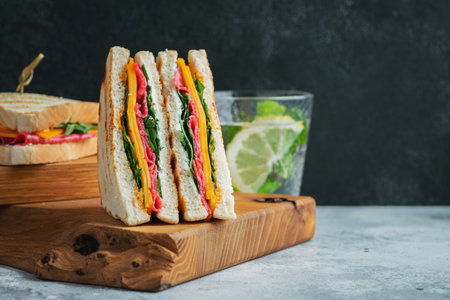 Two homemade sandwiches with sausage, cheese and arugula on a light concrete background. The concept of a quick meal or snack at work or school.の写真素材