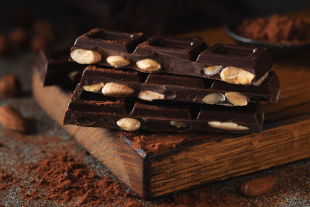 Dark and milk chocolate with nuts on a dark background sprinkled with cocoa powder. Chocolate pieces...