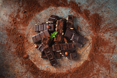 Dark and milk chocolate with nuts on a dark background sprinkled with cocoa powder. Chocolate pieces with almonds and hazelnuts close-up. top viewの写真素材