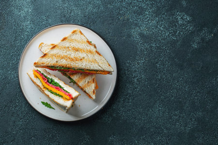Three homemade sandwiches with sausage, cheese and arugula on a dark concrete backgroundの写真素材