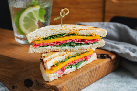 Two homemade sandwiches with sausage, cheese and arugula on a light concrete background. The concept of a quick meal or snack at work or school.の写真素材