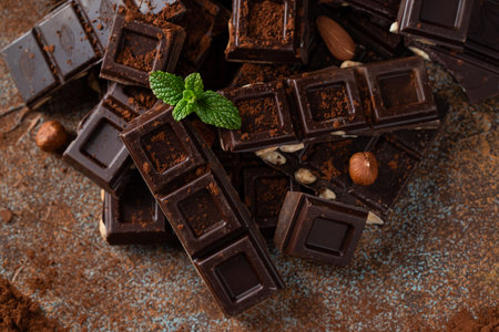 Dark and milk chocolate with nuts on a dark background sprinkled with cocoa powder. Chocolate pieces with almonds and hazelnuts close-up. top viewの写真素材
