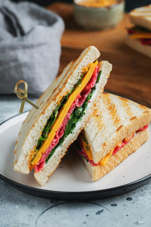 Two homemade sandwiches with sausage, cheese and arugula on a light concrete backgroundの写真素材