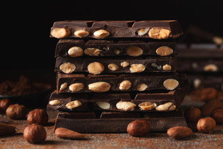 Dark and milk chocolate with nuts on a dark background sprinkled with cocoa powder.の写真素材