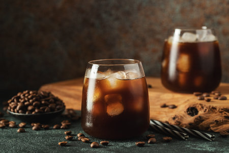 Ice coffee in a tall glass with cream poured over, ice cubes and beans on a dark concrete table.の写真素材