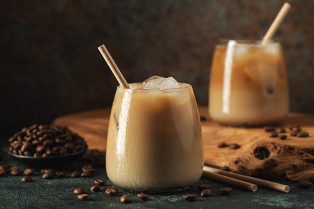 Ice coffee in a tall glass with cream poured over, ice cubes and beans on a dark concrete table.の写真素材