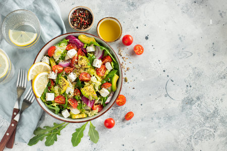 Delicious and healthy green salad of different leaves and vegetables with seeds and olive oil.の写真素材