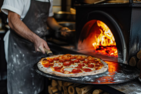 A professional chef takes pepperoni pizza out of the ovenの素材
