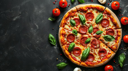 Tasty pepperoni pizza and cooking ingredients tomatoes basil on black concrete background. Top view of hot pepperoni pizza. With copy space for text. Flat layの素材