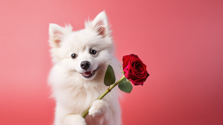 St. Valentine's Day concept. Funny portrait cute puppy dog holding red rose flower. Lovely dog in love on valentines day gives gift.の素材