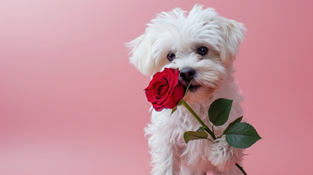 St. Valentine's Day concept. Funny portrait cute puppy dog holding red rose flower. Lovely dog in love on valentines day gives gift.の素材