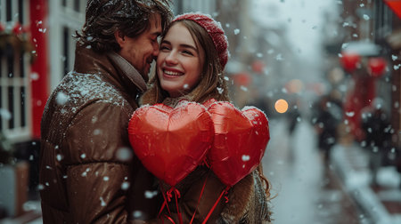 Valentine's day date. Young loving stylish couple walking in winter city. Man and woman hugging enjoying snowy landscape outdoorsの素材