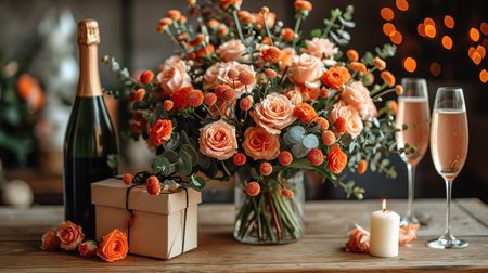 A beautiful bouquet of flowers, champagne and two glasses on a wooden table in the house. Celebrating Valentine's Day or a wedding.の素材