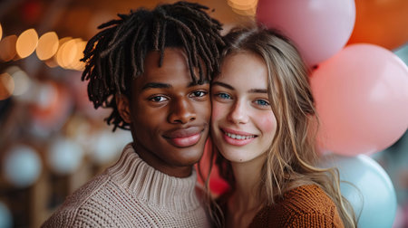 Happy young couple with heart-shaped balloons on color background. Valentine's Day celebration.の素材