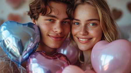 Happy young couple with heart-shaped balloons on color background. Valentine's Day celebration.の素材