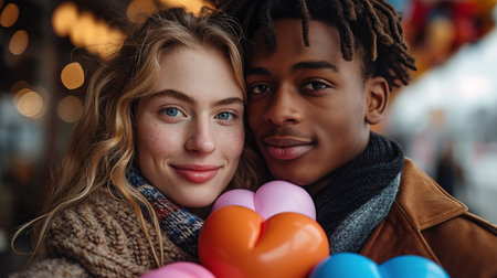 Happy young couple with heart-shaped balloons on color background. Valentine's Day celebration.の素材