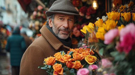 A handsome man buys a large bouquet of flowers on a snowy street as a gift for Valentine's day or a wedding.の素材