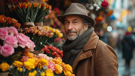A handsome man buys a large bouquet of flowers on a snowy street as a gift for Valentine's day or a wedding.の素材