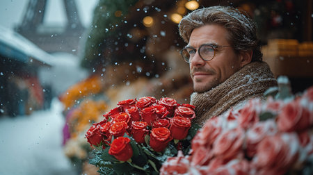 A handsome man buys a large bouquet of flowers on a snowy street as a gift for Valentine's day or a wedding.の素材