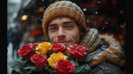 A handsome man buys a large bouquet of flowers on a snowy street as a gift for Valentine's day or a wedding.の素材
