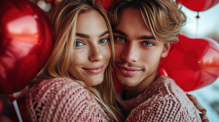 Happy young couple with heart-shaped balloons on color background. Valentine's Day celebration.の素材
