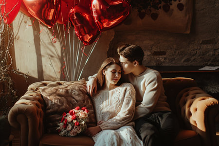 Happy young couple with heart-shaped balloons on color background. Valentine's Day celebration.の素材